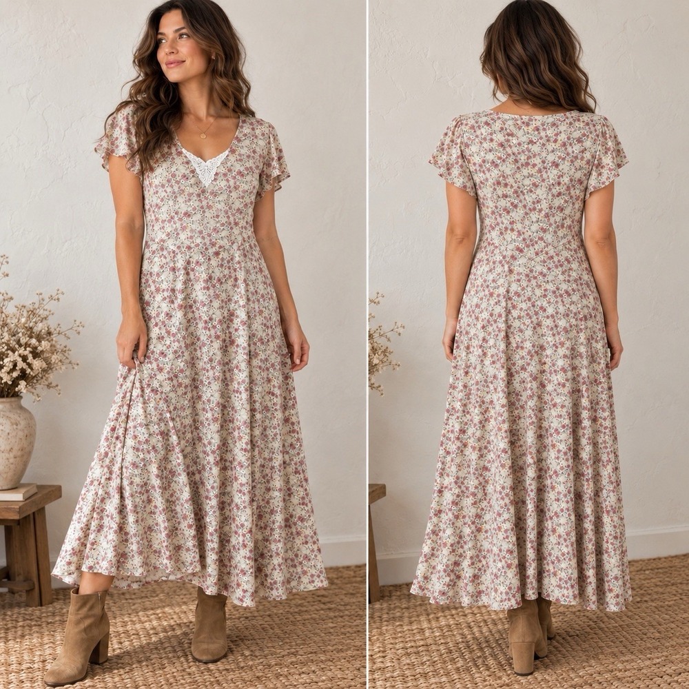Vtg All That Jazz Drop Waist Maxi Dress Cream Romantic Floral Cottagecore 9/10
